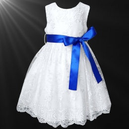 Girls White Floral Lace Dress with Royal Blue Satin Sash